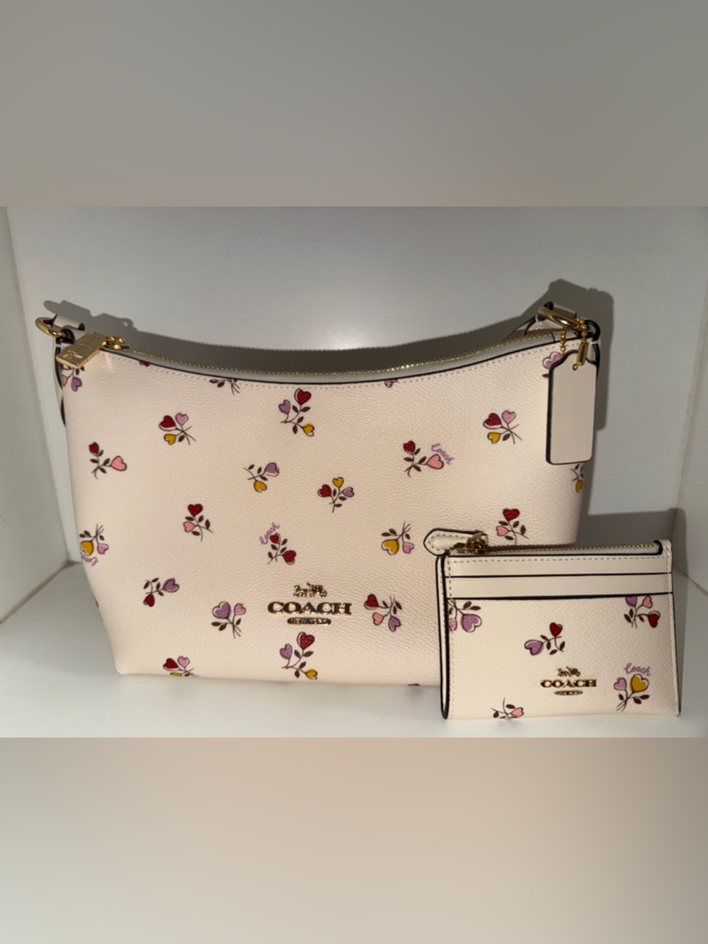 Coach White Heart Floral Shoulder Bag with Card Case